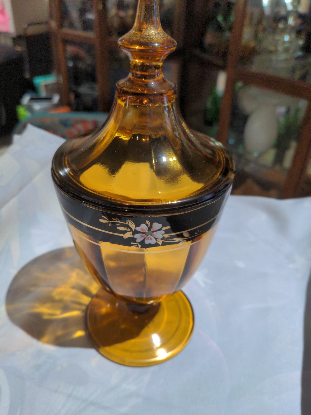Vintage Amber Glass Covered Candy Dish with Floral Band 1920-1940's.